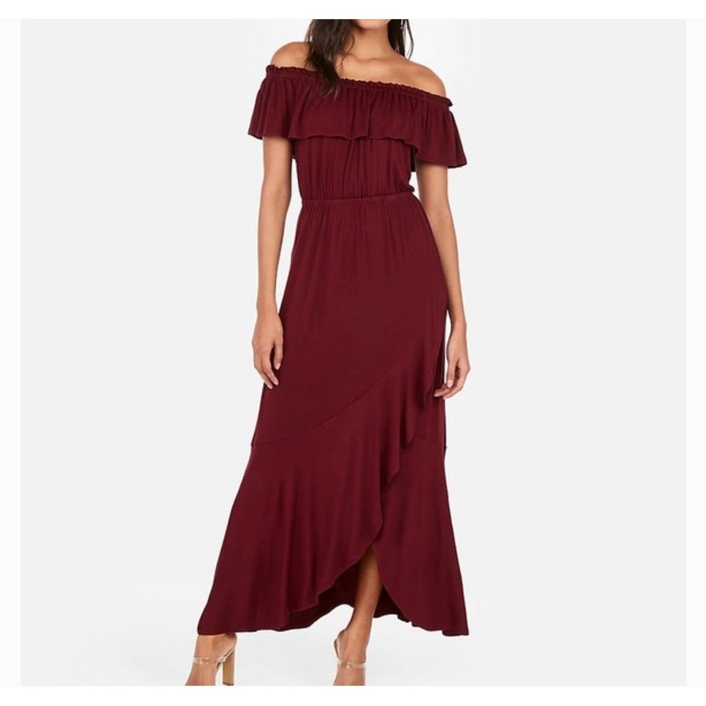 Express Off Shoulder Ruffle Maxi Dress Burgundy Women's Size L